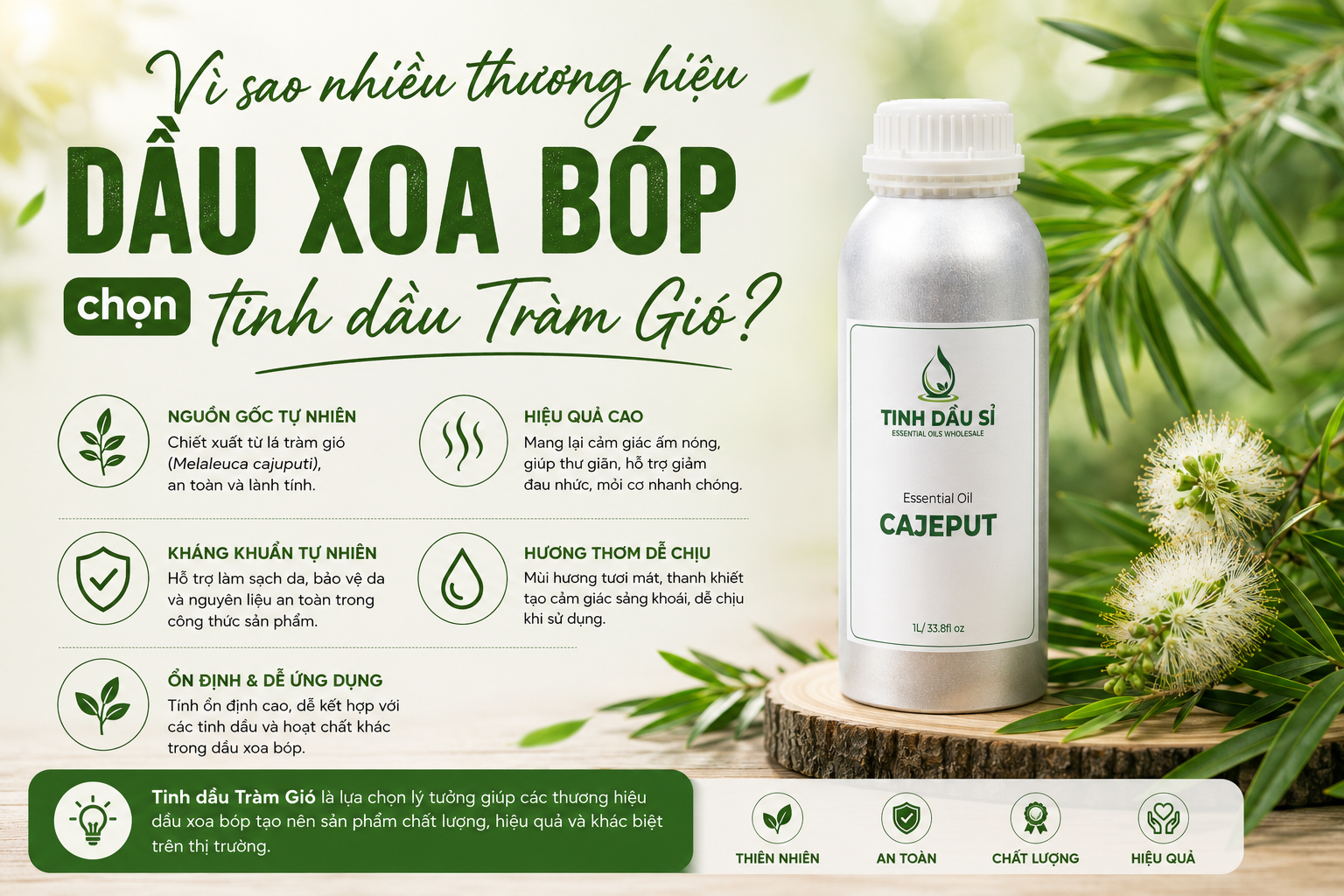 Vì sao nhiều thương hiệu dầu xoa bóp chọn tinh dầu Tràm Gió?
